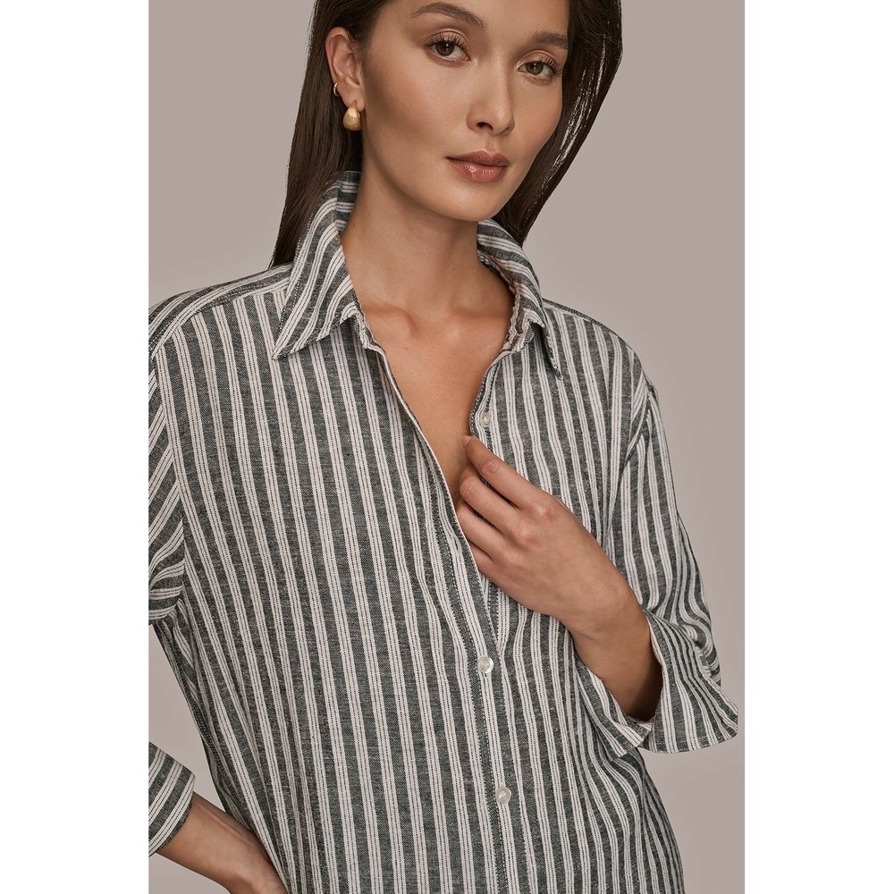 Donna Karan Weekend Striped Linen-Blend Shirt L Coastal Preppy Travel Breathable - Picture 7 of 16